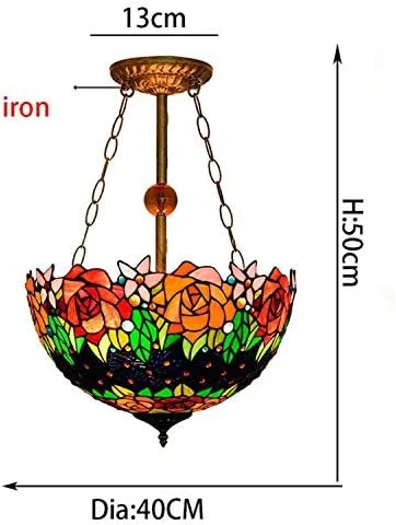 لوستر آویز سبک تیفانی طرح گل رز قرمز 16 اینچی، مناسب اتاق نشیمن، رستوران، ایوان، راهرو و بالکن