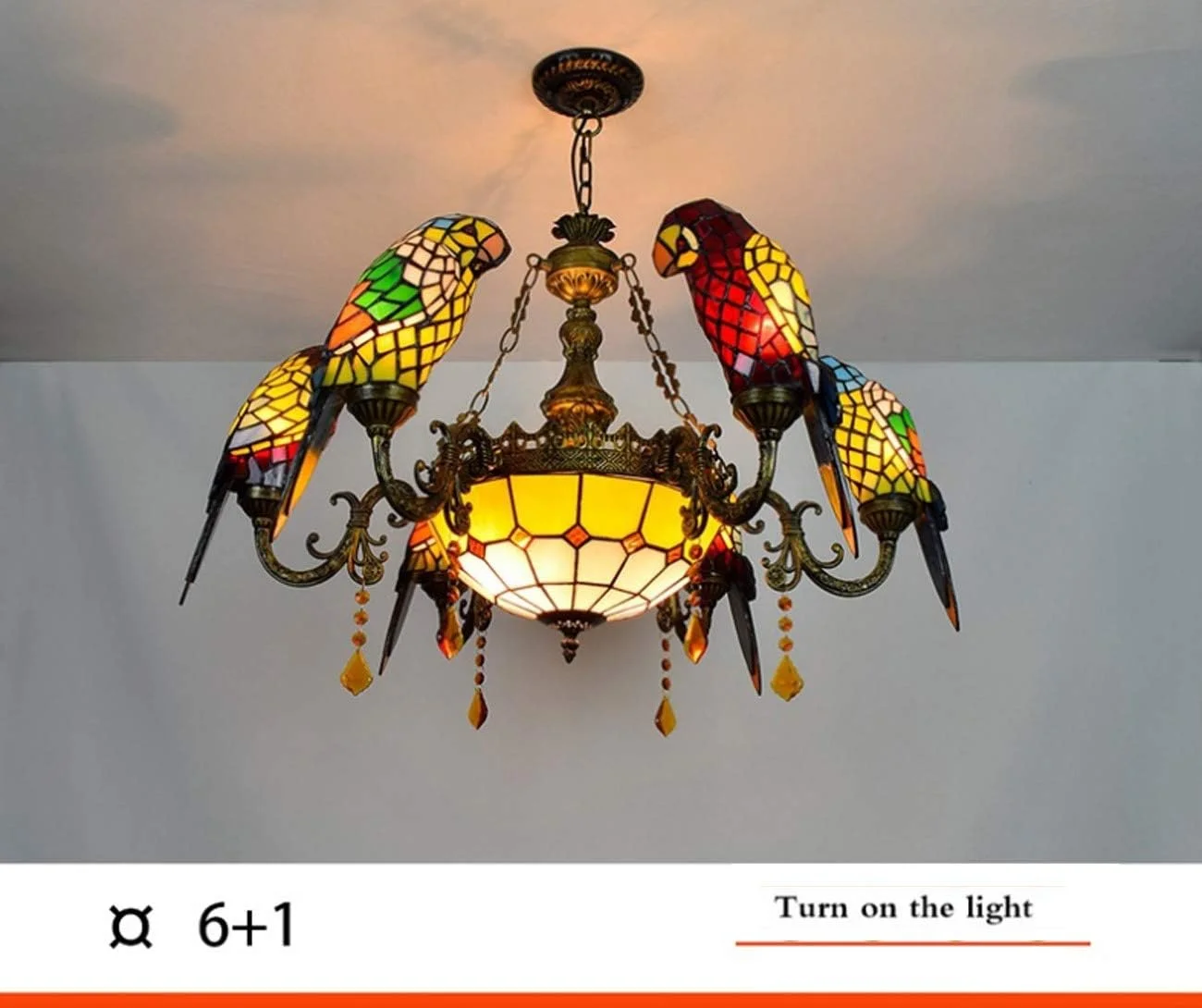 لوستر طوطی 6 شاخه شیشه ای رنگی به سبک تیفانی پاستورال با آویز سقفی معکوس 12 اینچی برای اتاق نشیمن