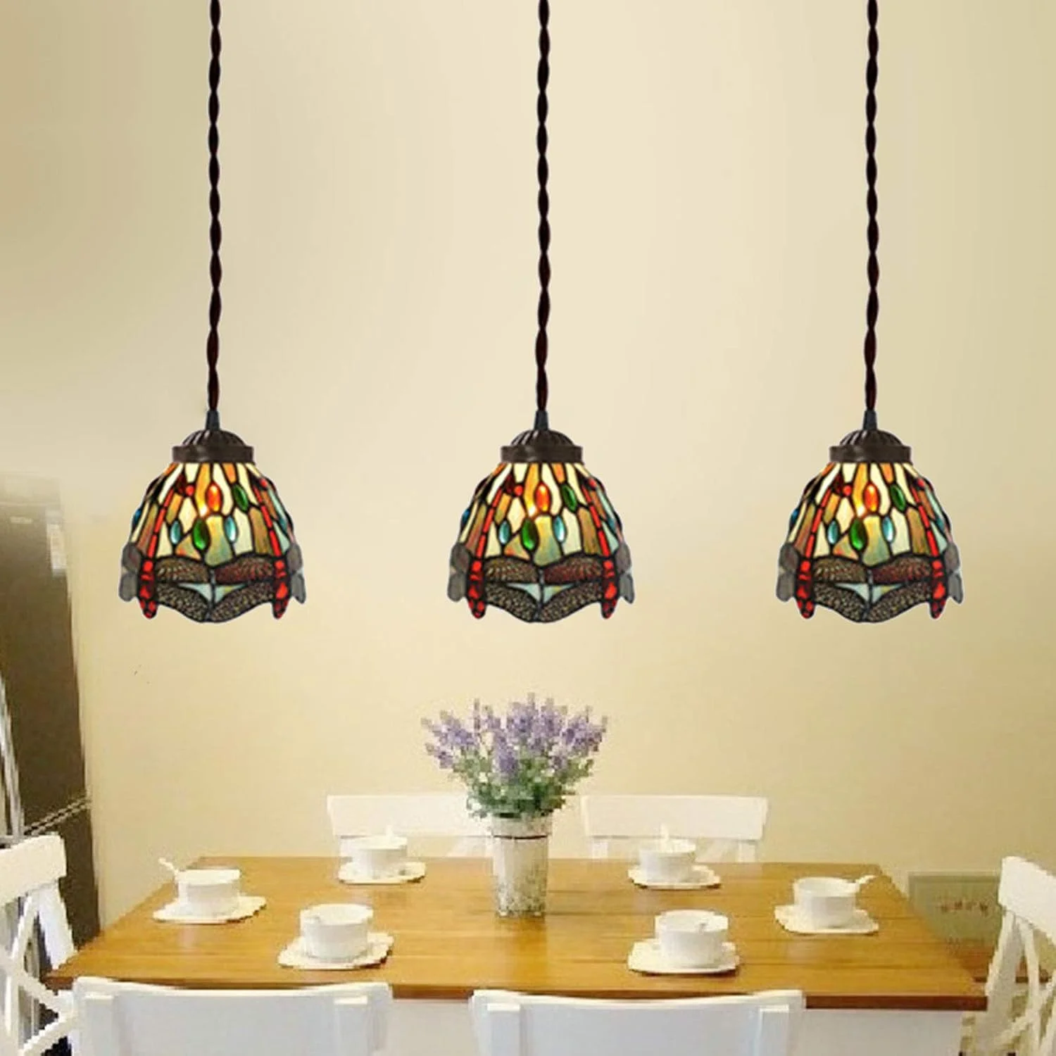 چراغ آویز طرح تیفانی با عرض 7 اینچ، مدل آویز سنجاقک چراغ آویز شیشه ای رنگی دکوراتیو، روشنایی سقفی با طراحی وینتج برای اتاق نشیمن، اتاق غذاخوری، راهرو، بالکن، سرپیچ E27