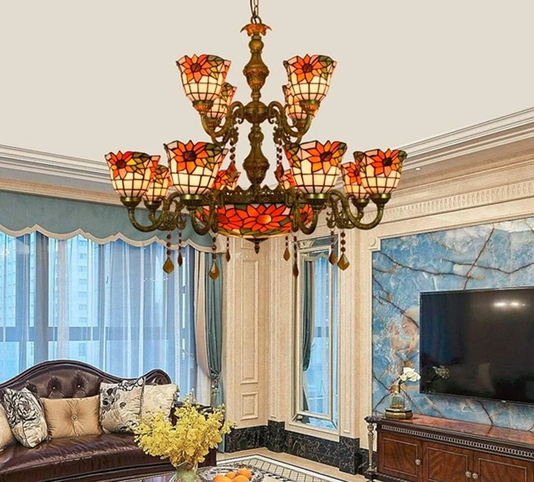 لوستر آویز طرح آفتابگردان به سبک تیفانی با شیشه رنگی 6 اینچی، مناسب اتاق نشیمن، اتاق خواب، هتل، سرپیچ E27، 40 وات لوستر آویز طرح آفتابگردان به سبک تیفانی با شیشه رنگی 6 اینچی، مناسب اتاق نشیمن، اتاق خواب، هتل، سرپیچ E27، 40 وات
