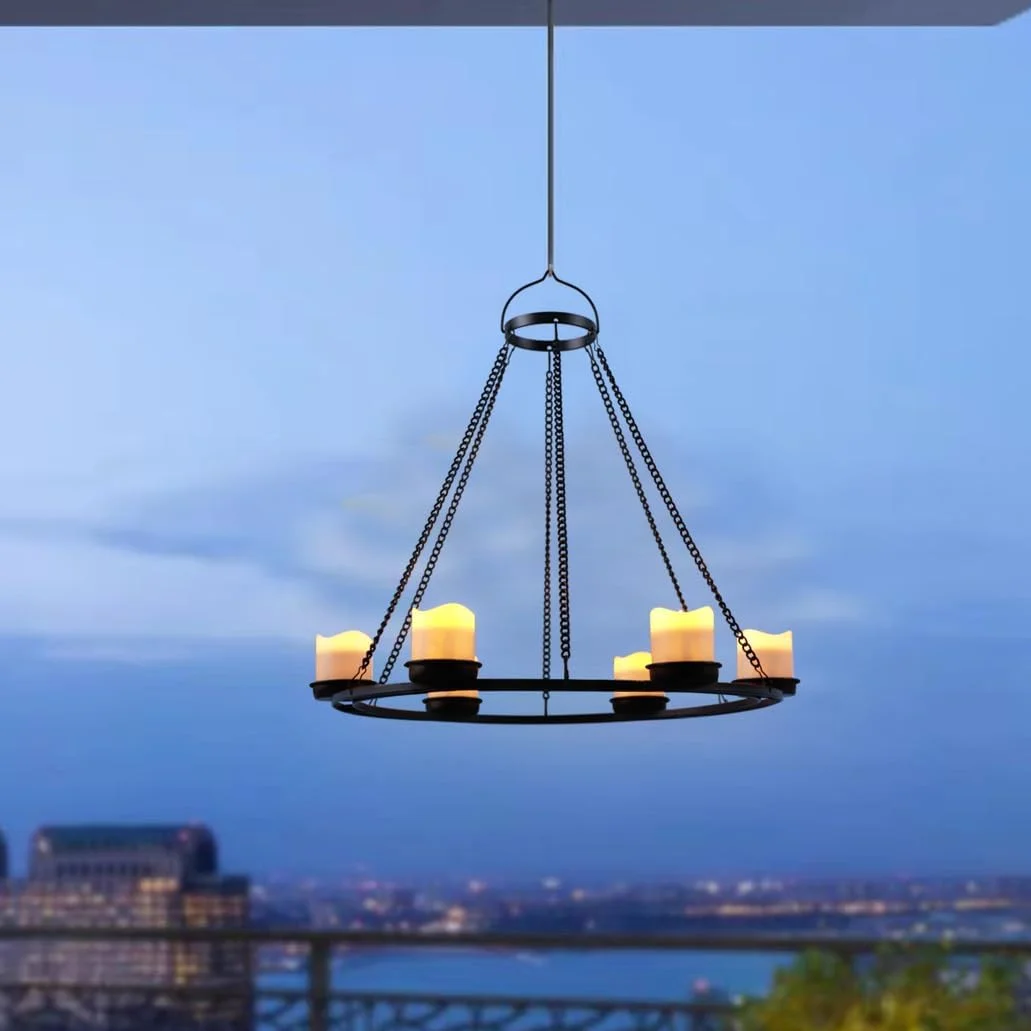 لوستر خورشیدی فضای باز، فانوس آویز شمعی با 7 عدد چراغ نذری خورشیدی در جاشمعی های فلزی مشکی مات برای خانه، باغ، حیاط خلوت، پرگولا، آلاچیق، درخت، دکور پنجره