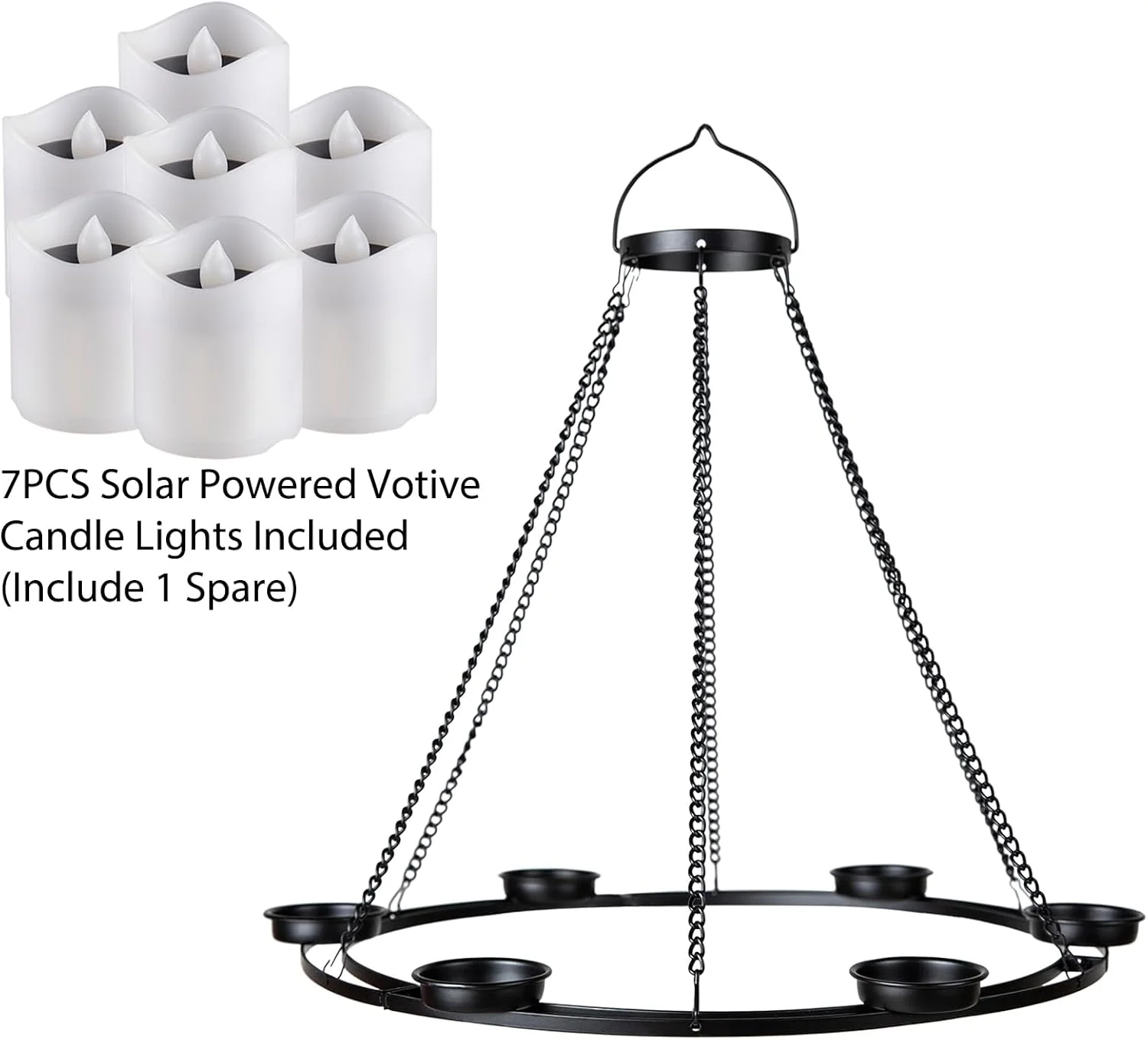 لوستر خورشیدی فضای باز، فانوس آویز شمعی با 7 عدد چراغ نذری خورشیدی در جاشمعی های فلزی مشکی مات برای خانه، باغ، حیاط خلوت، پرگولا، آلاچیق، درخت، دکور پنجره