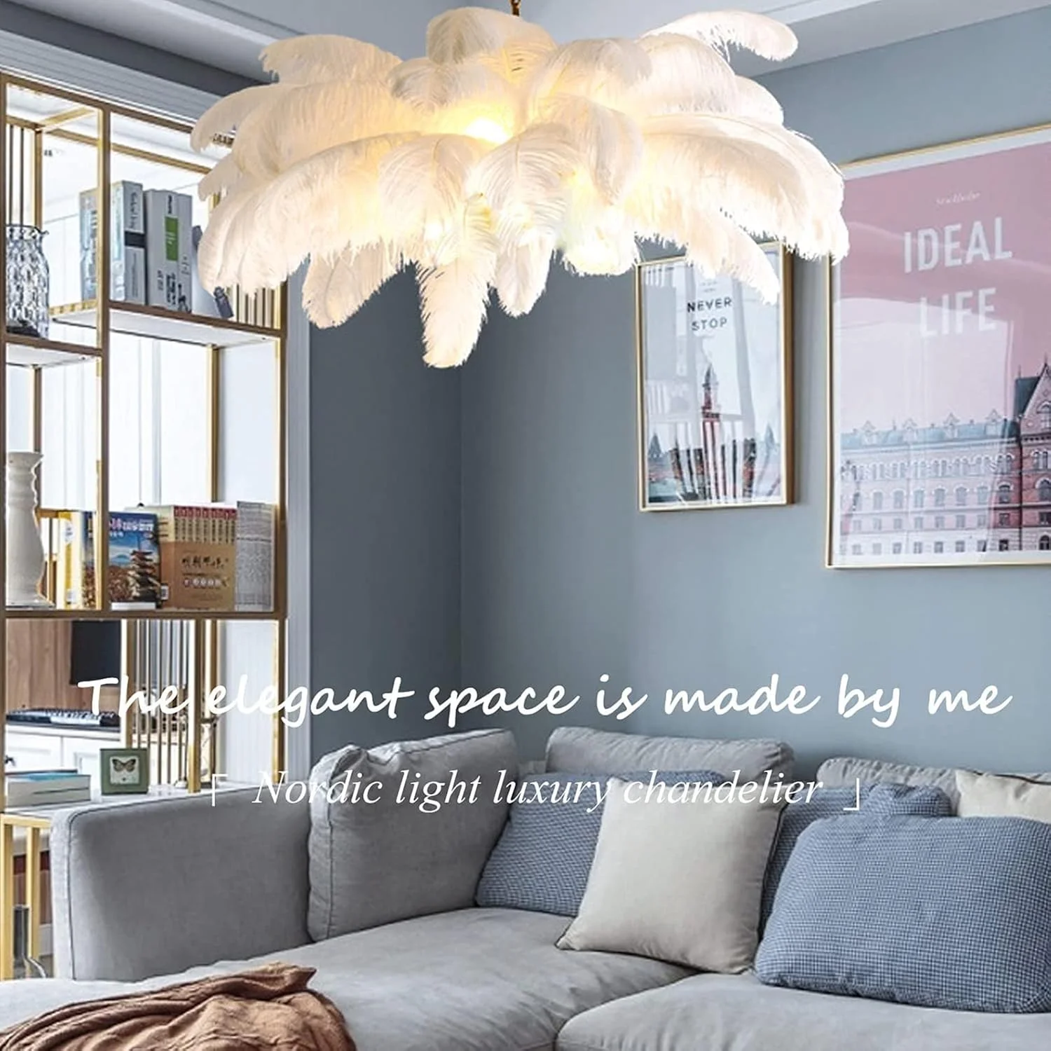 چراغ سقفی پر شترمرغ سفید مسی لوکس، لوستر پر سفید، چراغ آویز زیبا برای اتاق خواب، اتاق نشیمن، دکوراسیون روشنایی اتاق دخترانه
