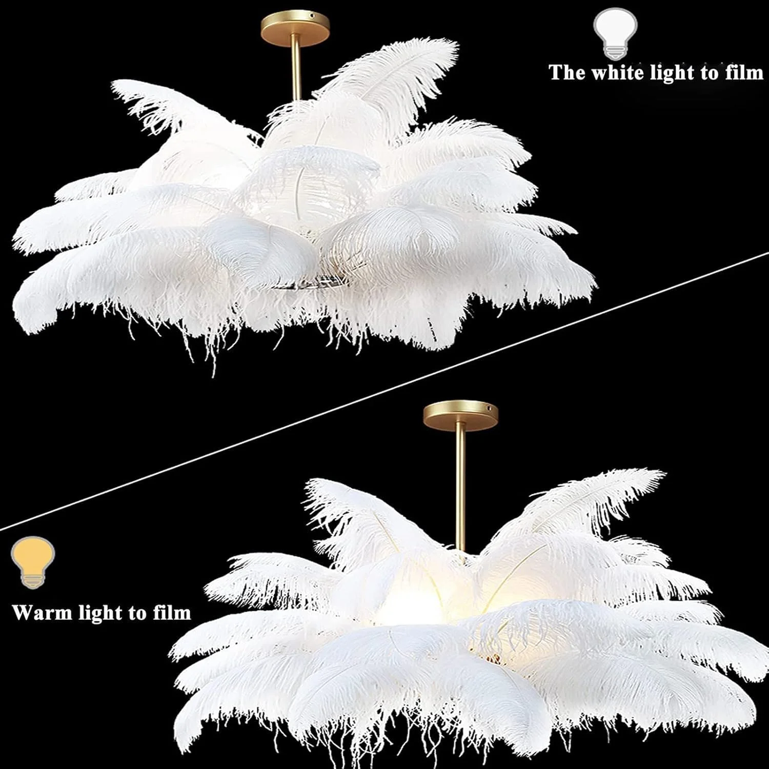 چراغ سقفی پر شترمرغ سفید مسی لوکس، لوستر پر سفید، چراغ آویز زیبا برای اتاق خواب، اتاق نشیمن، دکوراسیون روشنایی اتاق دخترانه