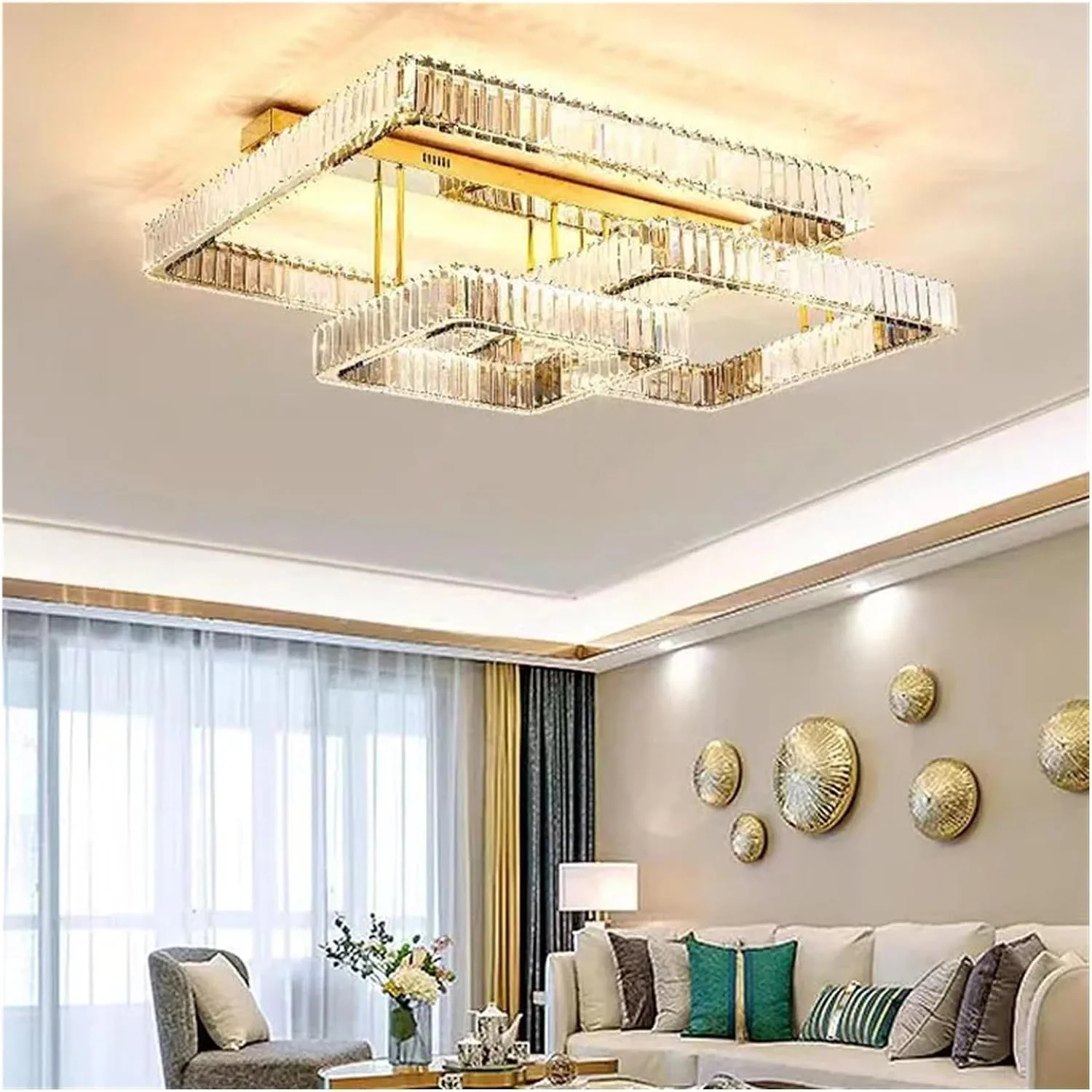لوستر سقفی مستطیلی مدرن با کنترل از راه دور، لوکس طلایی کریستالی LED برای اتاق نشیمن، اتاق خواب، مطالعه، دکور مدرن، تک رنگ - 40x60x80 سانتی متر