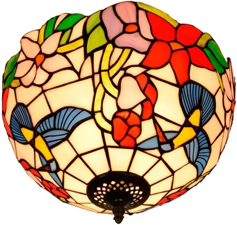 چراغ سقفی به سبک تیفانی، طرح پرنده، شیشه رنگی، چراغ آویز عتیقه، دارای 2 لامپ، مناسب دکوراسیون منزل، 12 اینچ