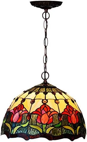 لوستر به سبک تیفانی، چراغ آویز شیشه ای رنگی لاله ای 12 اینچی، آویز سقفی مناسب برای دکوراسیون اتاق ناهارخوری، اتاق نشیمن و خوابگاه