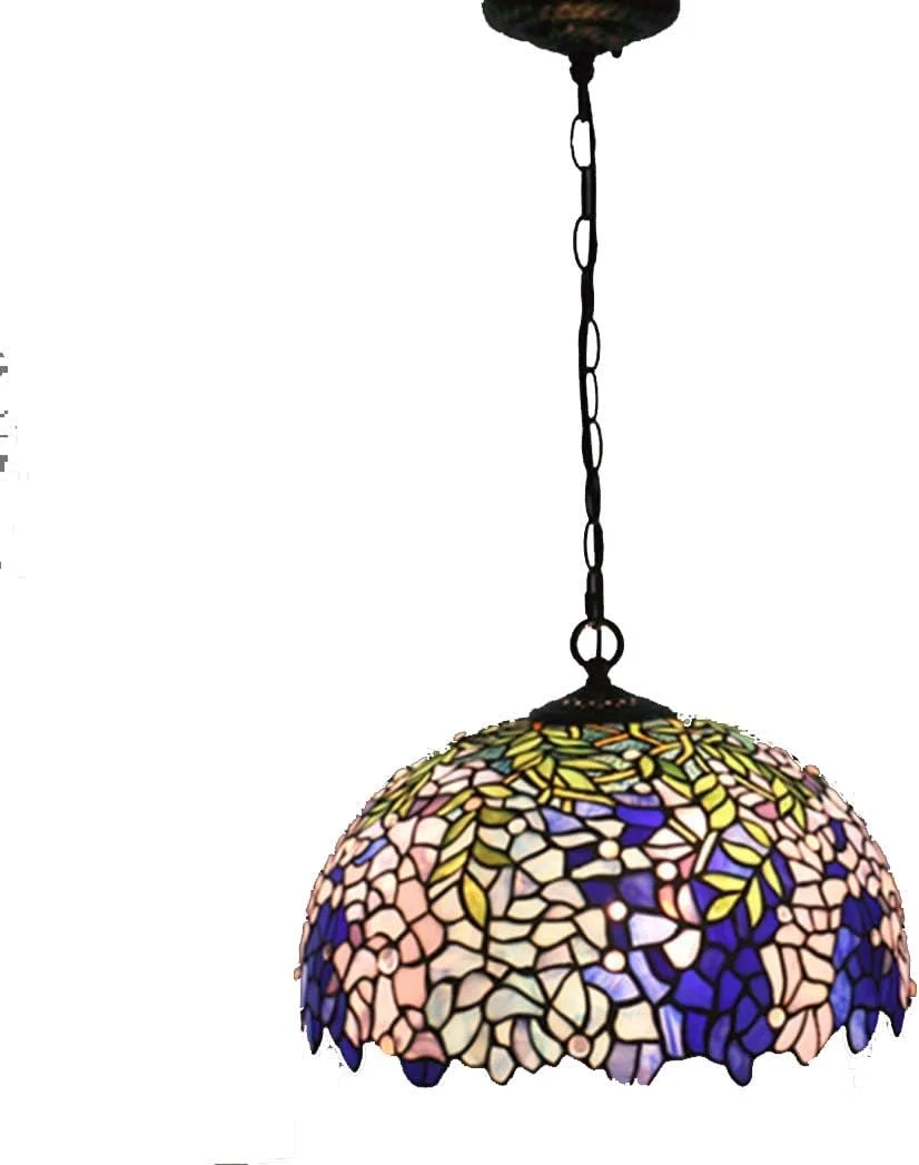 چراغ سقفی به سبک تیفانی با آباژور شیشه ای رنگی ویستریا آبی 16 اینچی، آویز سه شعله مناسب برای اتاق ناهارخوری، جزیره آشپزخانه، راهرو، نورپردازی هنری، E27