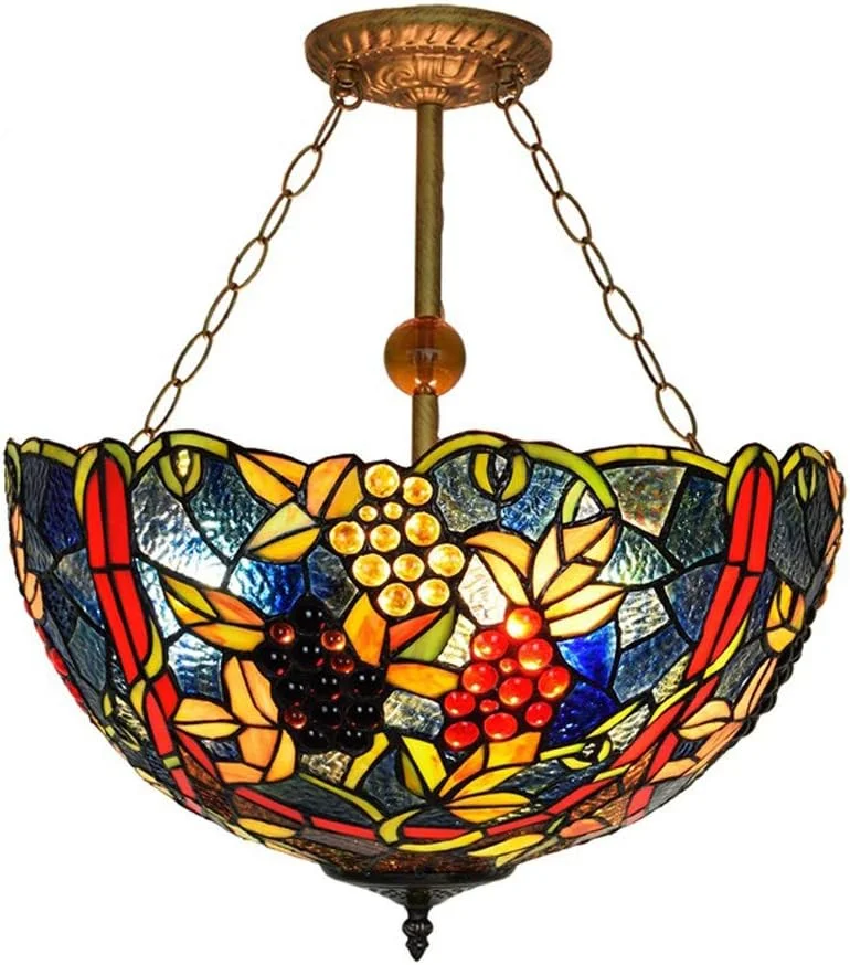 لوستر به سبک تیفانی، چراغ آویز شیشه ای رنگی با قابلیت تنظیم ارتفاع، مناسب برای اتاق نشیمن، راهرو، بالکن، رستوران، سرپیچ E27