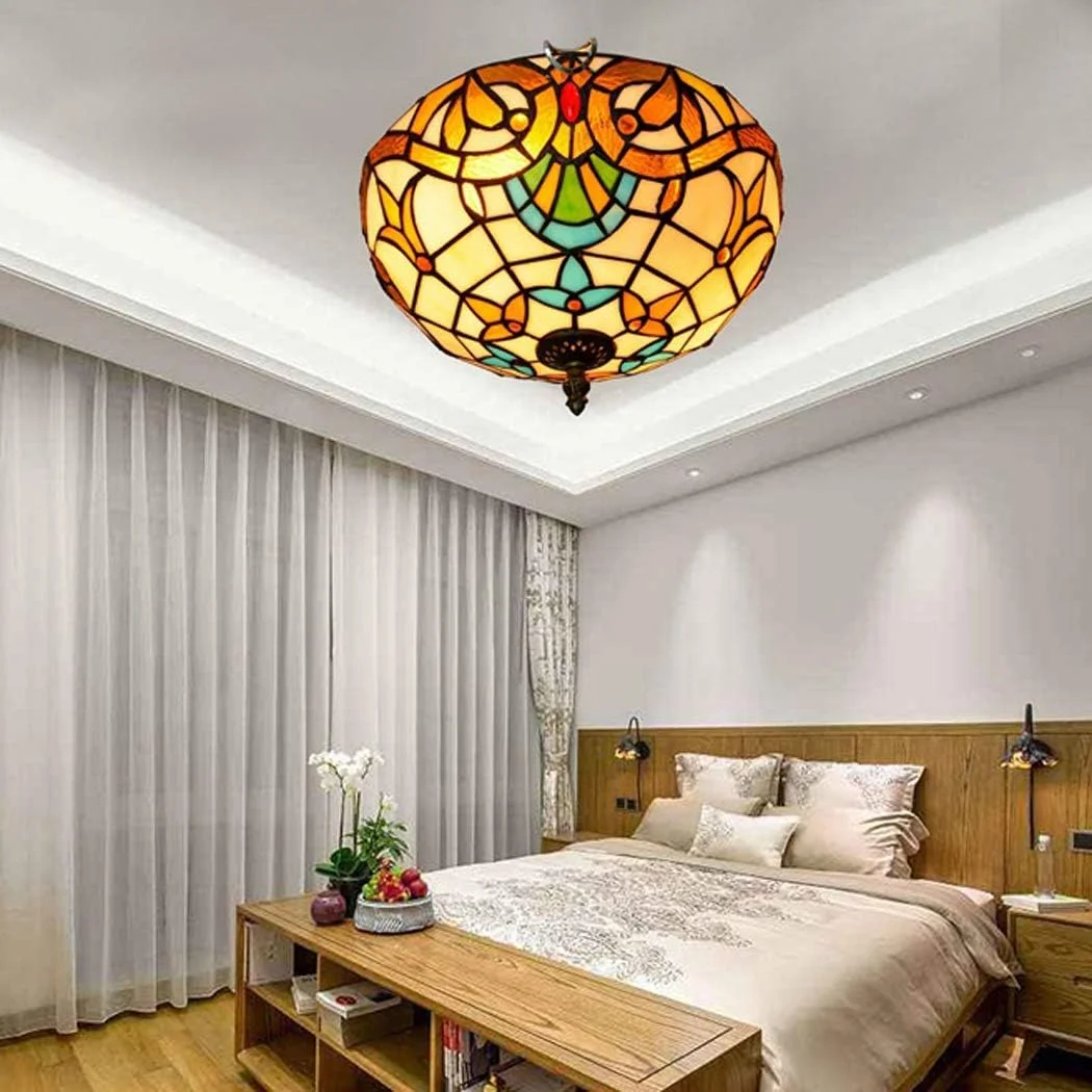 چراغ سقفی به سبک تیفانی، چراغ آویز نیمه فلاش، لوستر با سایه شیشه ای رنگی 12 اینچی برای اتاق خواب، اتاق غذاخوری، راهرو، E27 چراغ سقفی به سبک تیفانی، چراغ آویز نیمه فلاش، لوستر با سایه شیشه ای رنگی 12 اینچی برای اتاق خواب، اتاق غذاخوری، راهرو، E27