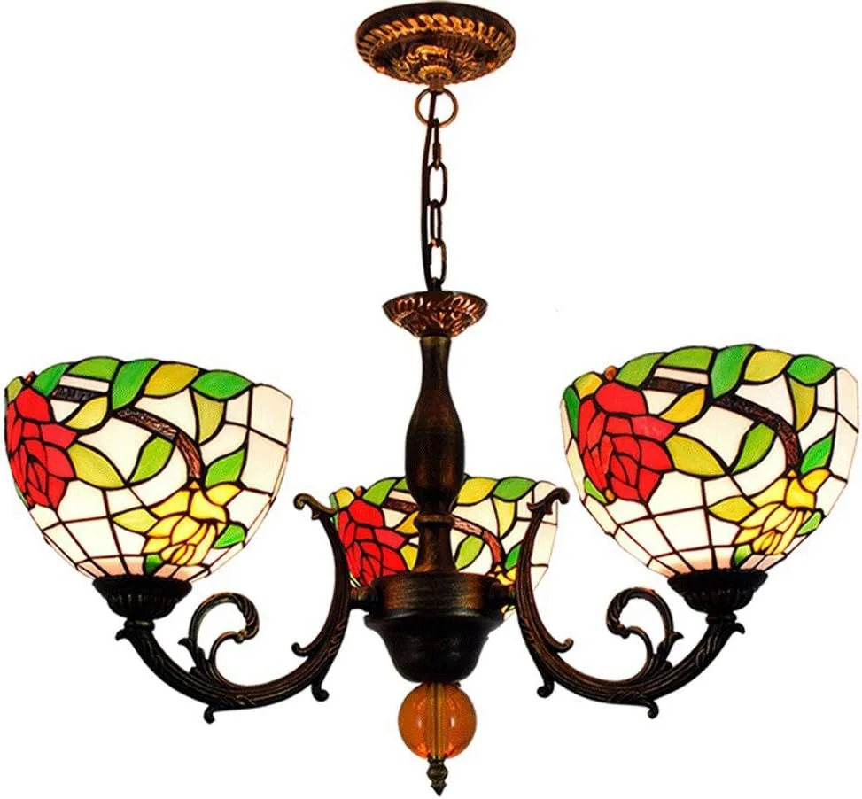 لوستر به سبک تیفانی، چراغ آویز شیشه ای با طرح گل رز و پایه قرمز، 3 شاخه، مناسب برای اتاق نشیمن، ناهارخوری، بار و چراغ های آویز کریستالی