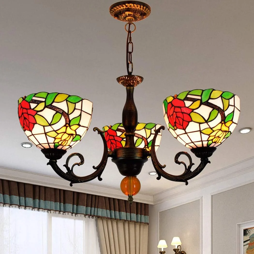 لوستر به سبک تیفانی، چراغ آویز شیشه ای با طرح گل رز و پایه قرمز، 3 شاخه، مناسب برای اتاق نشیمن، ناهارخوری، بار و چراغ های آویز کریستالی لوستر به سبک تیفانی، چراغ آویز شیشه ای با طرح گل رز و پایه قرمز، 3 شاخه، مناسب برای اتاق نشیمن، ناهارخوری، بار و چراغ های آویز کریستالی