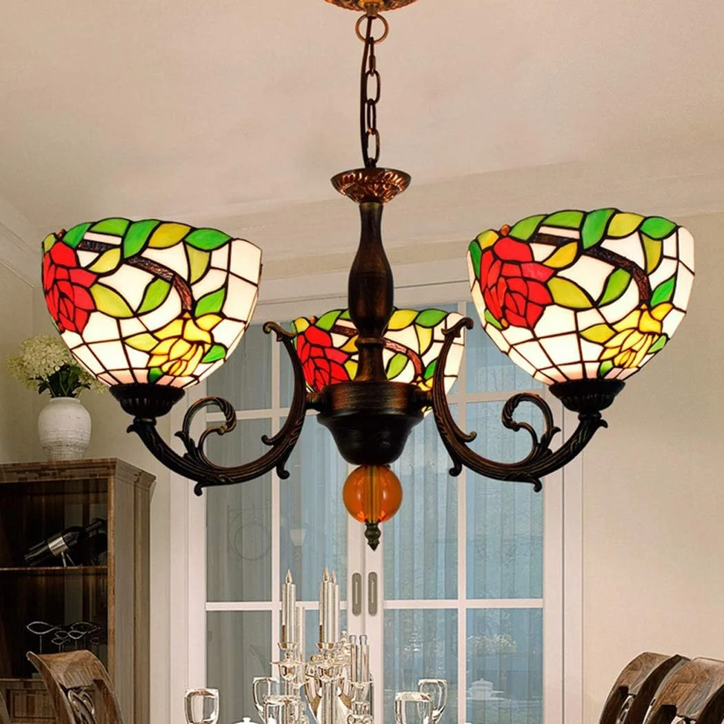 لوستر به سبک تیفانی، چراغ آویز شیشه ای با طرح گل رز و پایه قرمز، 3 شاخه، مناسب برای اتاق نشیمن، ناهارخوری، بار و چراغ های آویز کریستالی لوستر به سبک تیفانی، چراغ آویز شیشه ای با طرح گل رز و پایه قرمز، 3 شاخه، مناسب برای اتاق نشیمن، ناهارخوری، بار و چراغ های آویز کریستالی