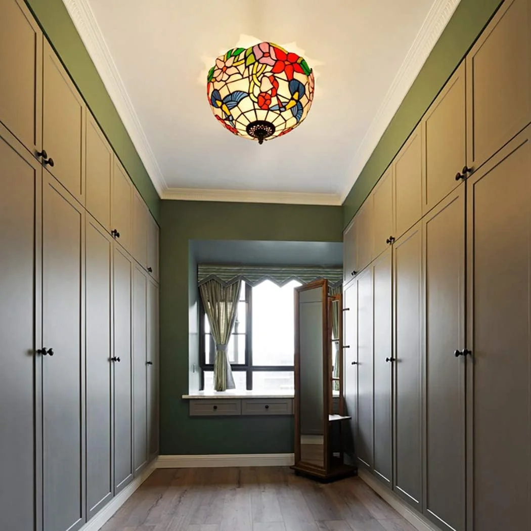 چراغ سقفی طرح پرنده به سبک تیفانی، نیمه فلاش، با سایه شیشه ای رنگی 12 اینچی برای اتاق غذاخوری، آویز، دارای 2 لامپ چراغ سقفی طرح پرنده به سبک تیفانی، نیمه فلاش، با سایه شیشه ای رنگی 12 اینچی برای اتاق غذاخوری، آویز، دارای 2 لامپ