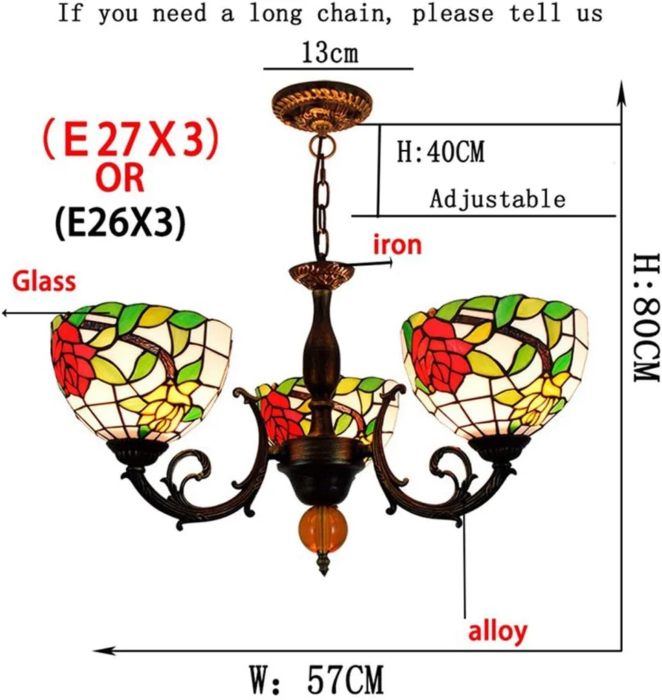 لوستر به سبک تیفانی، چراغ آویز شیشه ای با طرح گل رز و پایه قرمز، 3 شاخه، مناسب برای اتاق نشیمن، ناهارخوری، بار و چراغ های آویز کریستالی لوستر به سبک تیفانی، چراغ آویز شیشه ای با طرح گل رز و پایه قرمز، 3 شاخه، مناسب برای اتاق نشیمن، ناهارخوری، بار و چراغ های آویز کریستالی