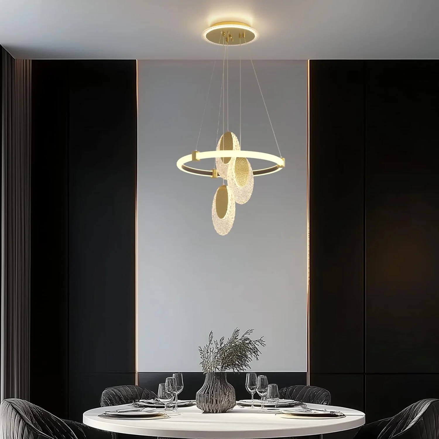 لوسترهای مدرن LED سقفی Wisfor: چراغ آویز کریستالی تک حلقه ای با 3 آویز کریستالی قطره باران، آباژور اکریلیک با 3 رنگ قابل تغییر و ارتفاع قابل تنظیم برای اتاق نشیمن، اتاق غذاخوری