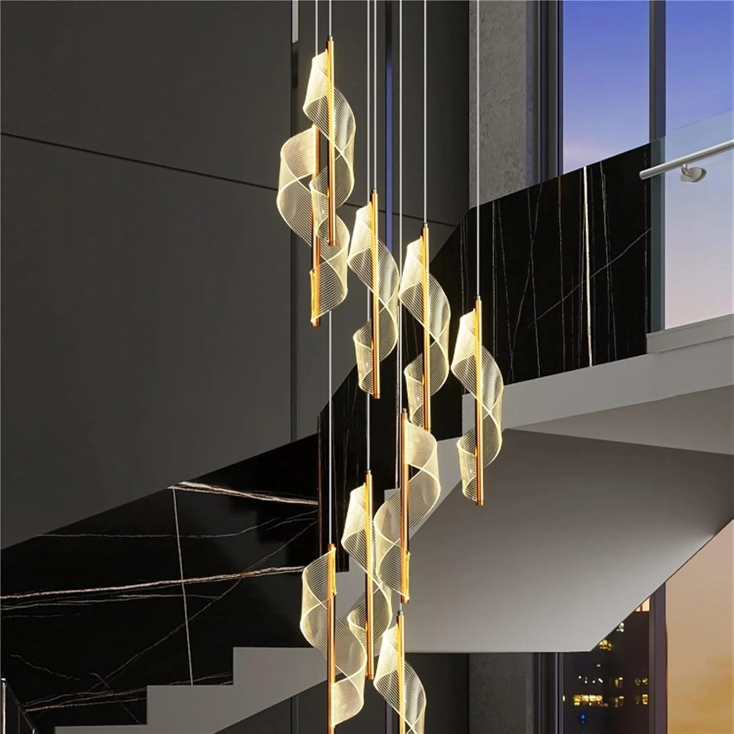 لوستر آویز ZKSKOX مدرن LED راه پله، چراغ سالن پذیرایی، لوستر خطی بلند مارپیچ ساختمان دوبلکس ساده