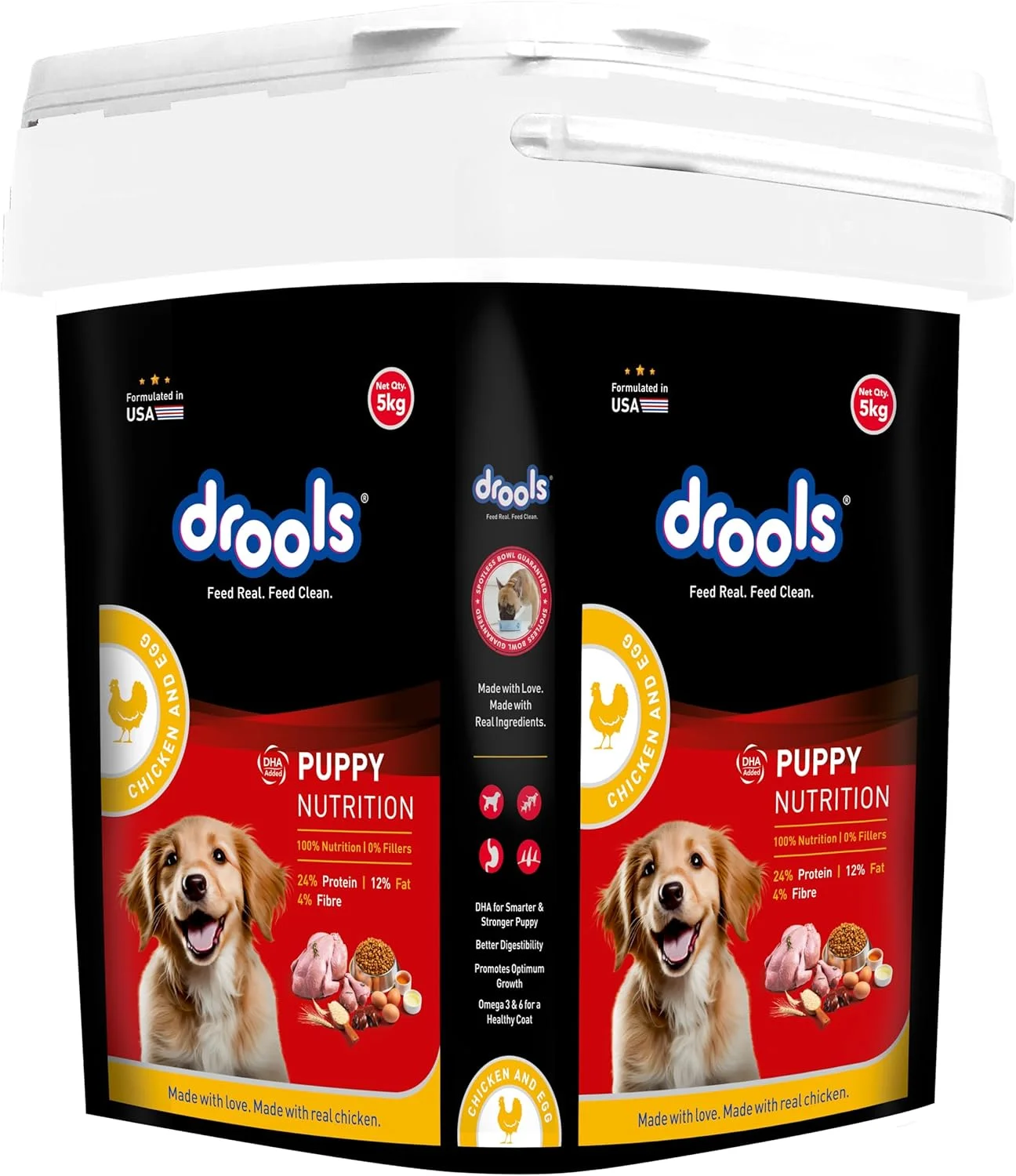 غذای خشک سگ توله درولز، مرغ و تخم مرغ، 5 کیلوگرم در یک ظرف | رژیم غذایی 100% متعادل با مرغ واقعی | DHA برای رشد مغز، پروتئین بالا برای استخوان ها و رشد عضلات | کیبل به راحتی قابل هضم