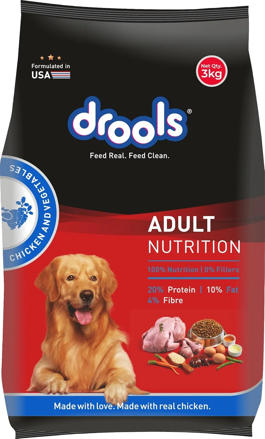 غذای خشک سگ بالغ درولز با طعم مرغ و سبزیجات 3 کیلوگرم | رژیم غذایی 100% متعادل با مرغ و سبزیجات | DHA برای رشد مغز، پروتئین بالا برای استخوان ها و رشد عضلات | دانه های قابل هضم آسان