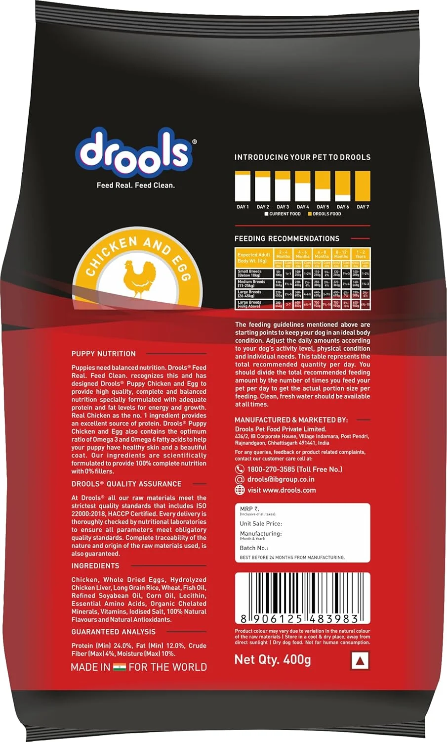 غذای خشک سگ بچه درولز با طعم مرغ و تخم مرغ ۴۰۰ گرمی