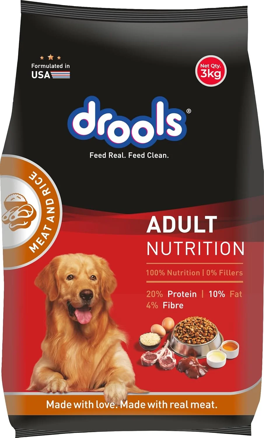 غذای خشک سگ بالغ درولز با طعم گوشت و برنج 3 کیلوگرم | رژیم غذایی 100% متعادل با مرغ واقعی، امگا 3 و 6 برای پوست و موی سالم، پروتئین و کلسیم برای مفاصل قوی و تحرک