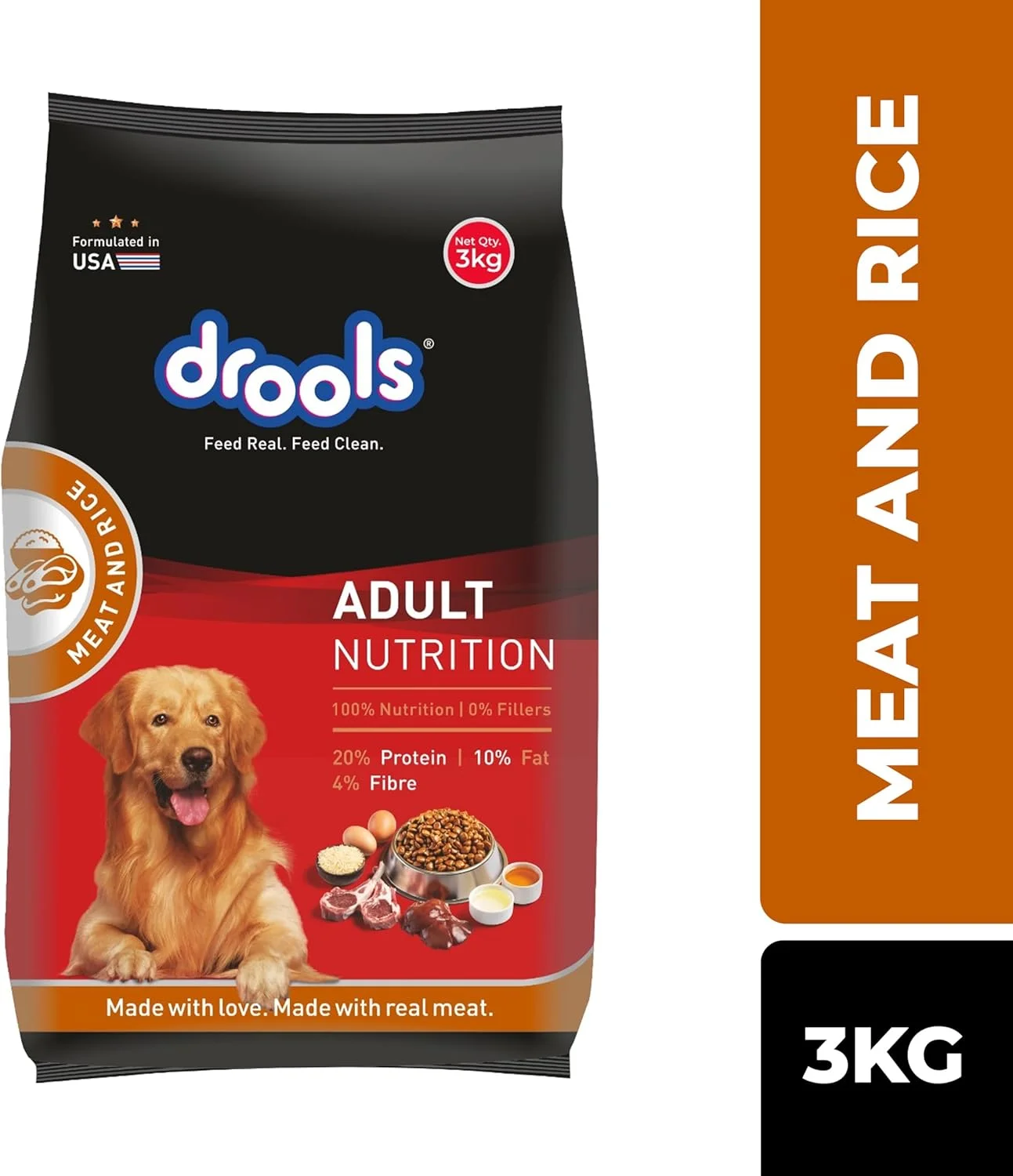 غذای خشک سگ بالغ درولز با طعم گوشت و برنج 3 کیلوگرم | رژیم غذایی 100% متعادل با مرغ واقعی، امگا 3 و 6 برای پوست و موی سالم، پروتئین و کلسیم برای مفاصل قوی و تحرک