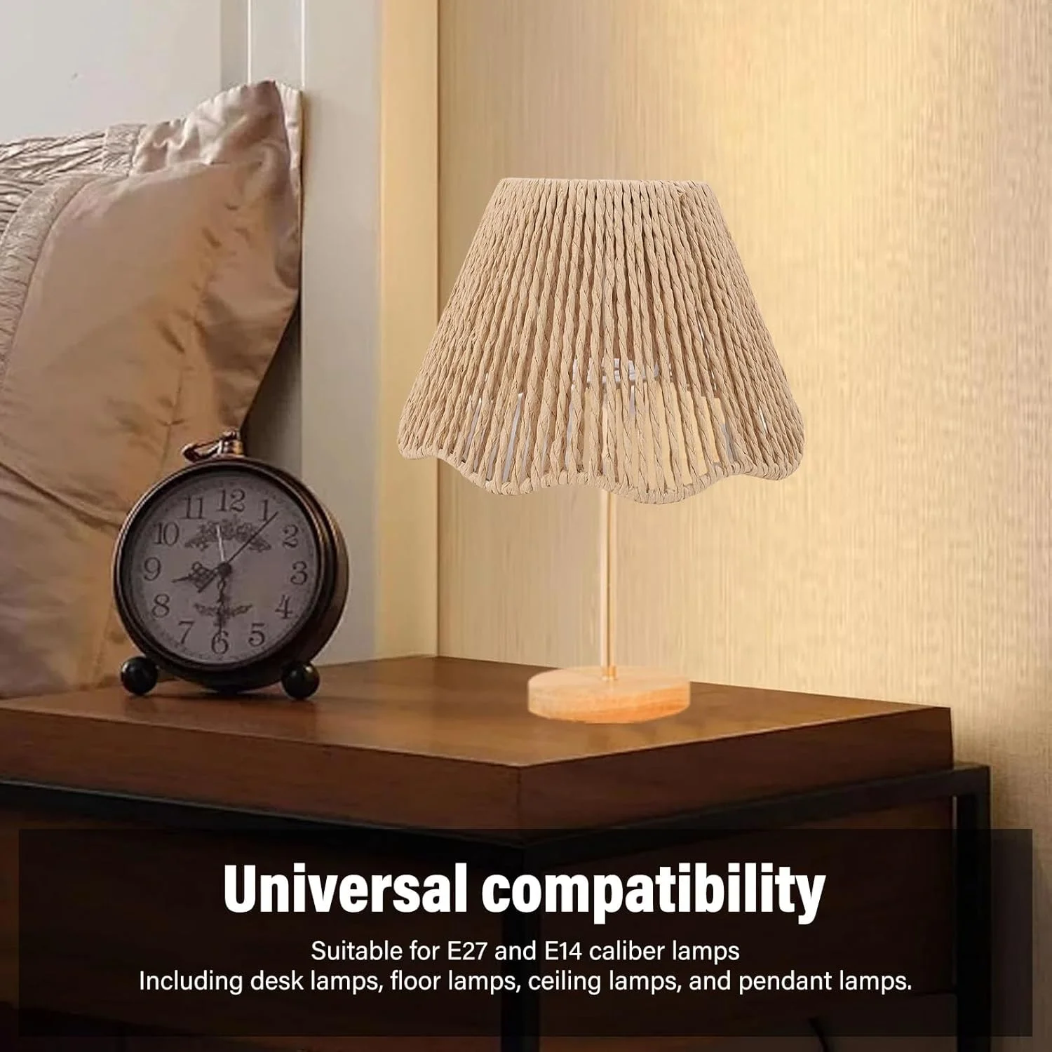 آباژور بافته شده با طناب، سایه طنابی کاغذی دست ساز، طراحی لبه موج دار تزئینی برای اتصالات E27 E14 با قاب آهنی برای آشپزخانه، اتاق خواب، کافه