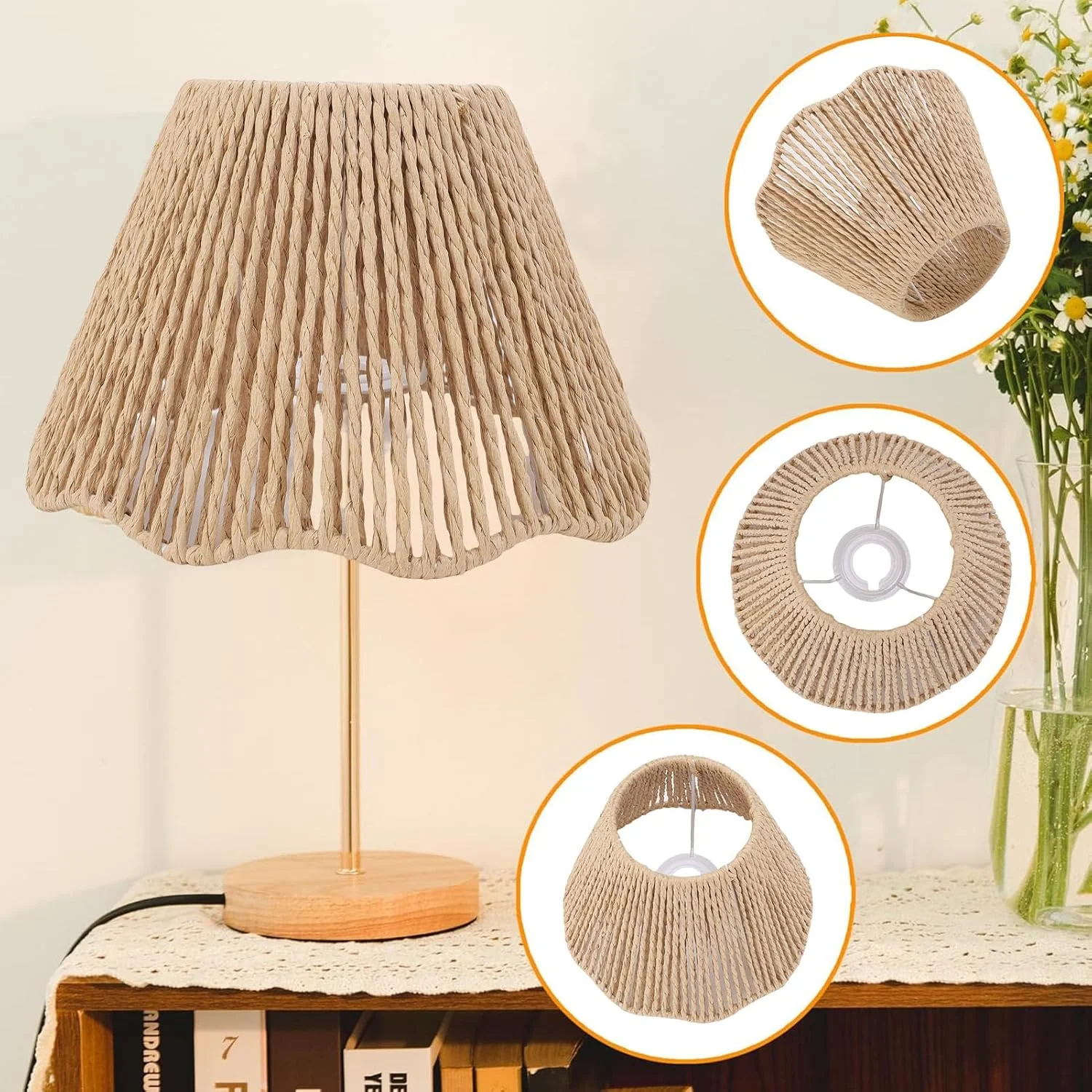 آباژور بافته شده با طناب، سایه طنابی کاغذی دست ساز، طراحی لبه موج دار تزئینی برای اتصالات E27 E14 با قاب آهنی برای آشپزخانه، اتاق خواب، کافه