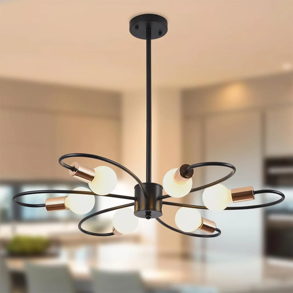 لوستر مشکی 6 شاخه ELEPHANTBOAT®، چراغ سقفی طلایی مدل اسپوتنیک، آویز فلزی صنعتی وینتیج با ارتفاع قابل تنظیم برای اتاق نشیمن و اتاق خواب