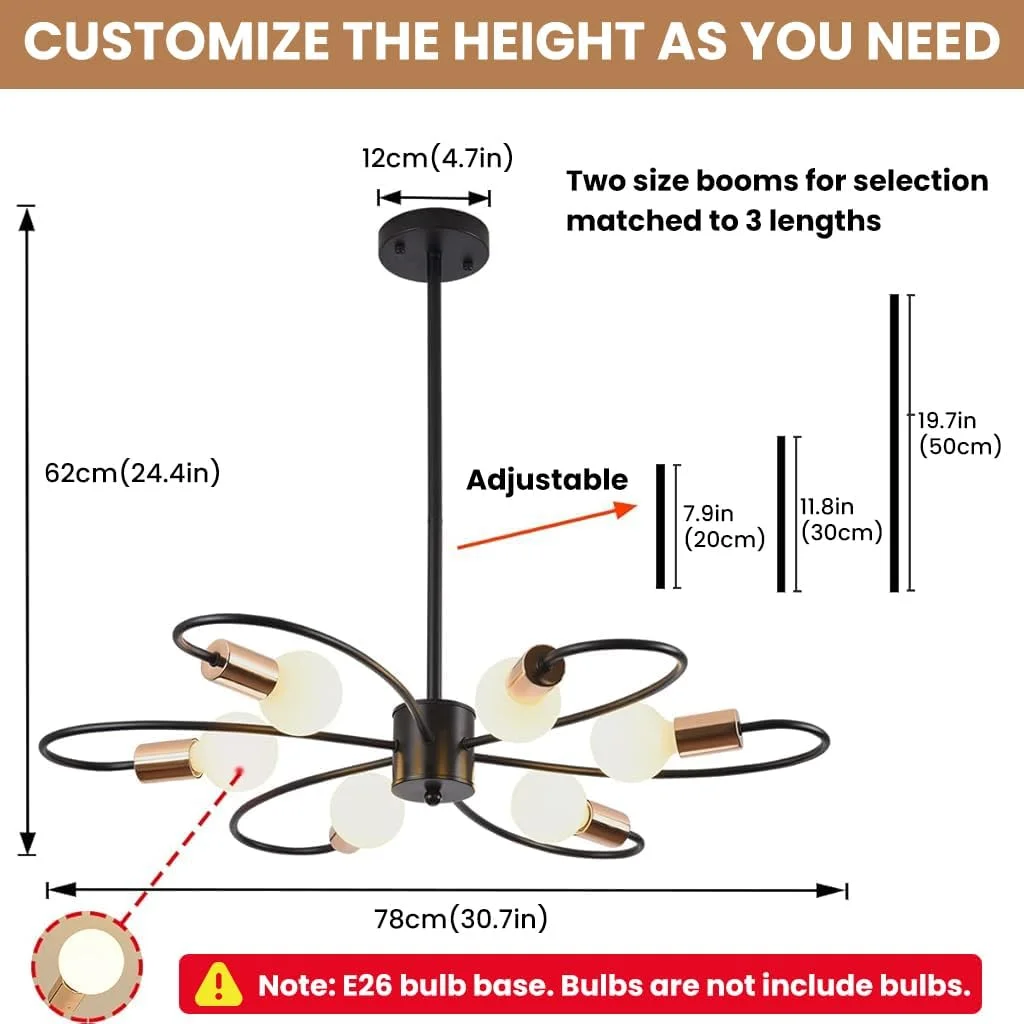 لوستر مشکی 6 شاخه ELEPHANTBOAT®، چراغ سقفی طلایی مدل اسپوتنیک، آویز فلزی صنعتی وینتیج با ارتفاع قابل تنظیم برای اتاق نشیمن و اتاق خواب