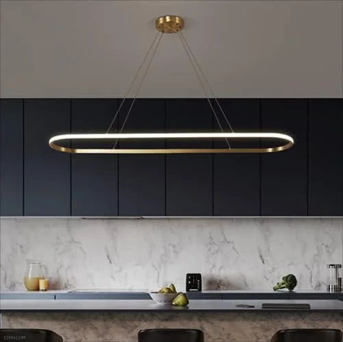 لوستر ال ای دی مدرن بیضی شکل، چراغ آویز برنجی طلایی دیمر دار، مناسب برای آشپزخانه، دفتر، رستوران، اتاق خواب، غذاخوری، تک حلقه