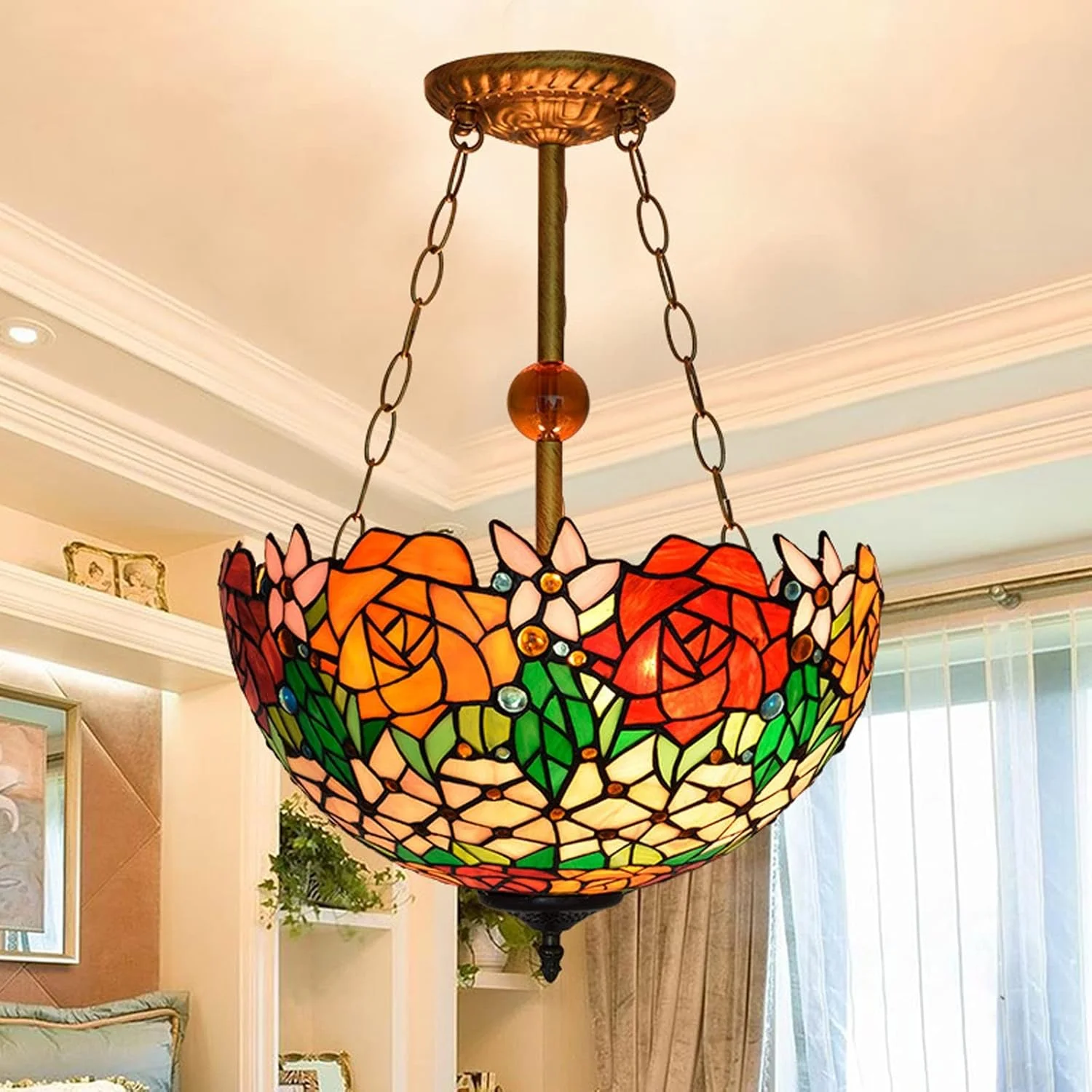لوستر به سبک GPERSGU، آویز رترو اروپایی، گل رز روستیک، شیشه رنگی برای روشنایی دکوراسیون اتاق نشیمن و اتاق خواب لوستر به سبک GPERSGU، آویز رترو اروپایی، گل رز روستیک، شیشه رنگی برای روشنایی دکوراسیون اتاق نشیمن و اتاق خواب