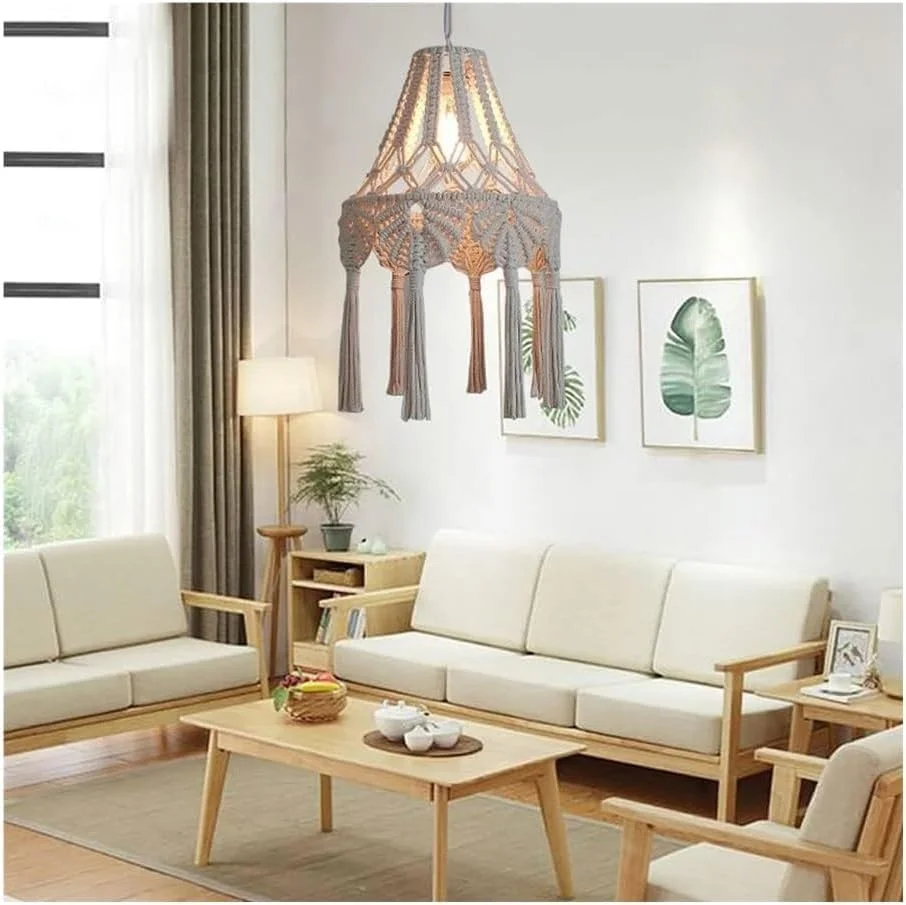 آباژور مکرومه به سبک بوهو، لوستر آویز بافتنی، دکوراسیون منزل بوهمی دستبافت، چراغ آویز سقفی E27 تک لامپ، لوستر