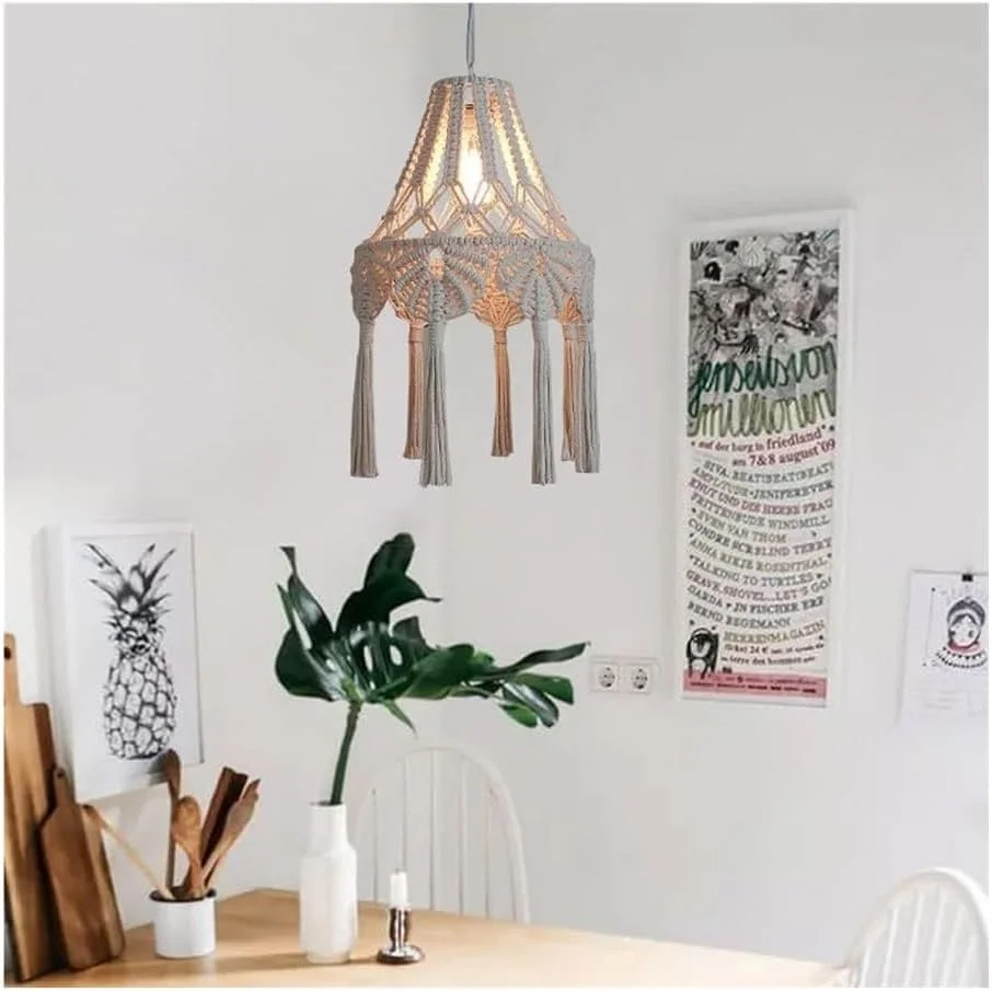 آباژور مکرومه به سبک بوهو، لوستر آویز بافتنی، دکوراسیون منزل بوهمی دستبافت، چراغ آویز سقفی E27 تک لامپ، لوستر