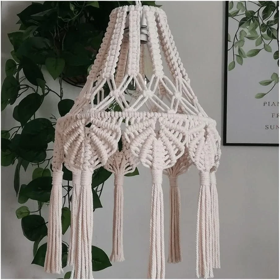 آباژور مکرومه به سبک بوهو، لوستر آویز بافتنی، دکوراسیون منزل بوهمی دستبافت، چراغ آویز سقفی E27 تک لامپ، لوستر