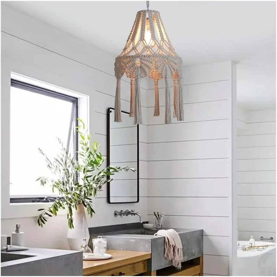آباژور مکرومه به سبک بوهو، لوستر آویز بافتنی، دکوراسیون منزل بوهمی دستبافت، چراغ آویز سقفی E27 تک لامپ، لوستر