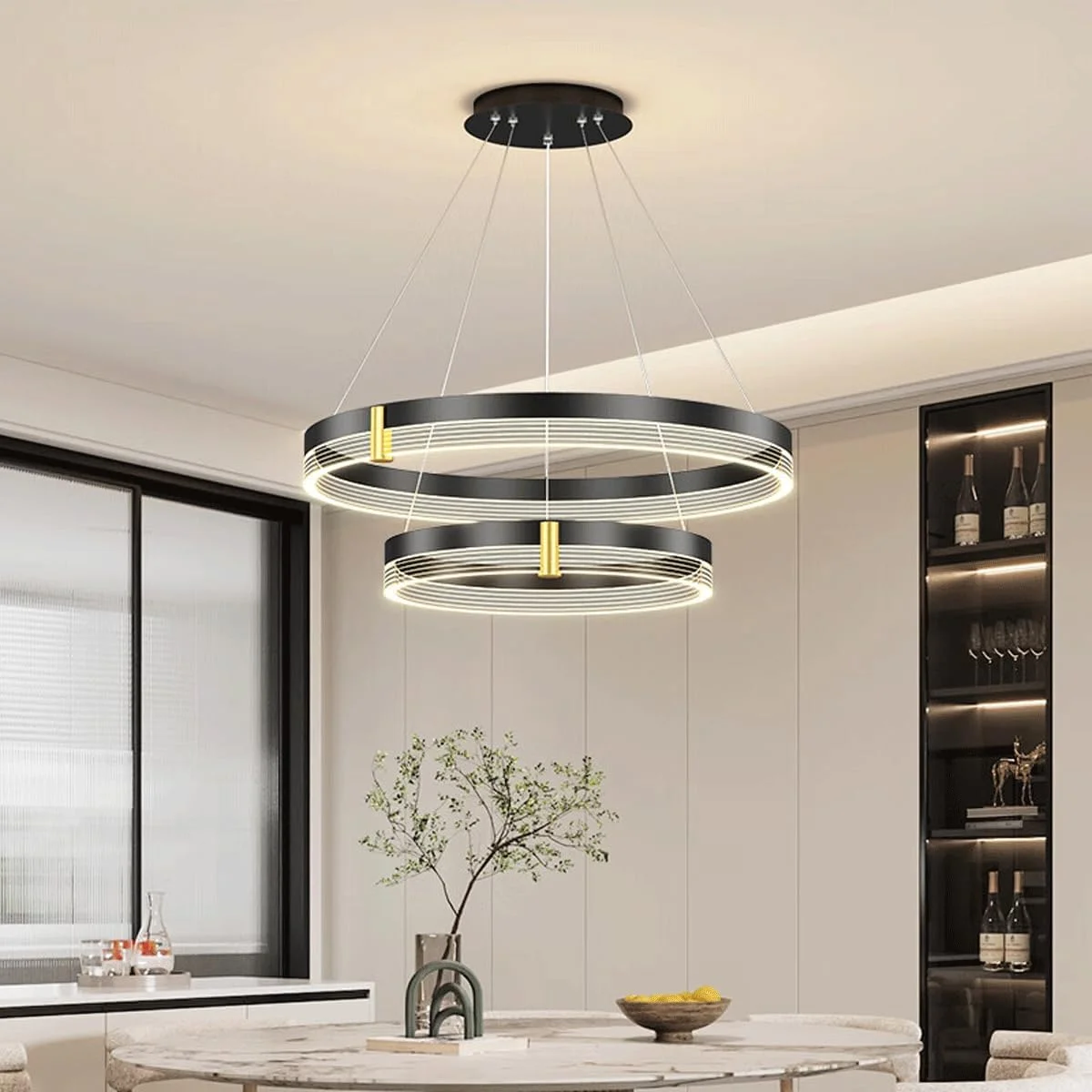 لوستر ال ای دی، لوستر کریستالی مدرن اواسط قرن، چراغ آویز 2 حلقه ای اتاق نشیمن، میز ناهار خوری، اتاق خواب، لوستر دایره ای رترو برای هتل، لوستر مشکی دیمر