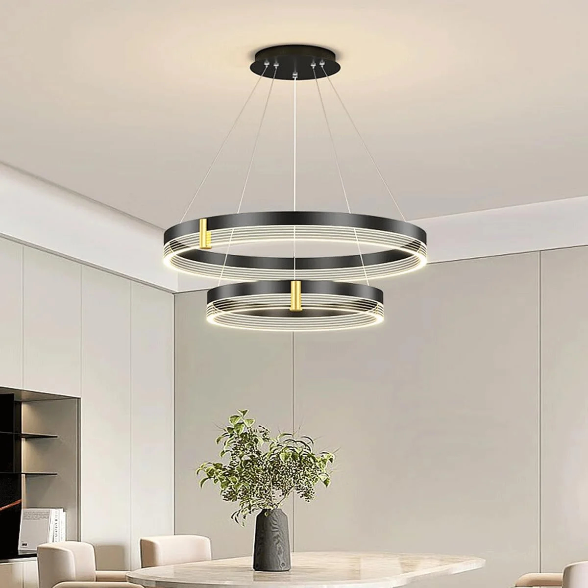 لوستر ال ای دی، لوستر کریستالی مدرن اواسط قرن، چراغ آویز 2 حلقه ای اتاق نشیمن، میز ناهار خوری، اتاق خواب، لوستر دایره ای رترو برای هتل، لوستر مشکی دیمر