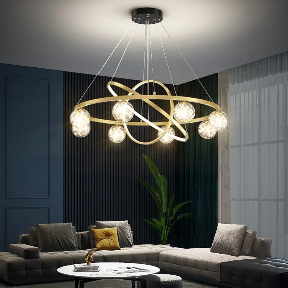 لوستر ال ای دی مدرن، مجموعه 3 حلقه چراغ آویز رنگ برنجی، توپ شیشه ای کریستالی ژیپسوفیلا، چراغ آویز قابل تنظیم چراغ سقفی معاصر، دیمر پذیر