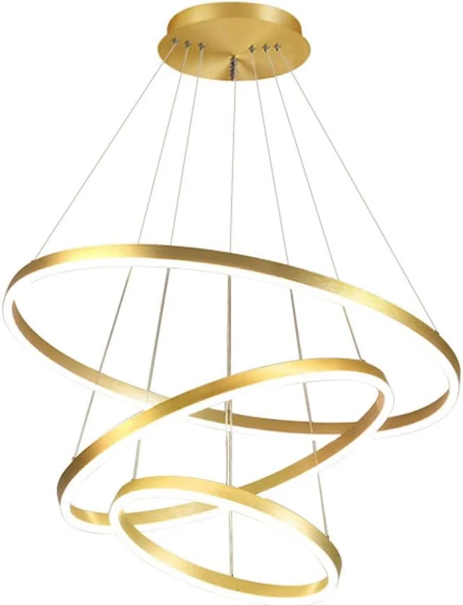 لوستر آویز ال ای دی 3 حلقه ای طلایی 62 وات، آلومینیومی، نور طبیعی، با قابلیت تنظیم رنگ نور و ارتفاع، مناسب برای اتاق نشیمن و غذاخوری