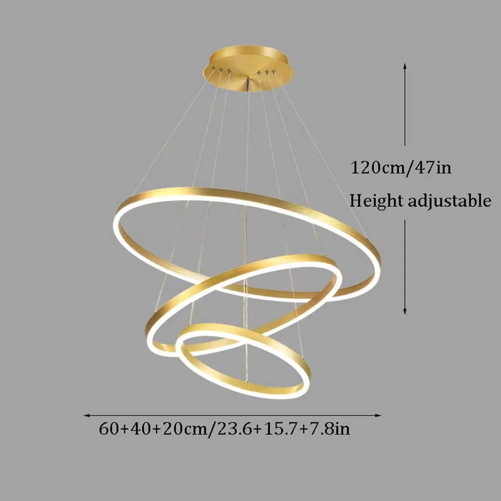 لوستر آویز ال ای دی 3 حلقه ای طلایی 62 وات، آلومینیومی، نور طبیعی، با قابلیت تنظیم رنگ نور و ارتفاع، مناسب برای اتاق نشیمن و غذاخوری