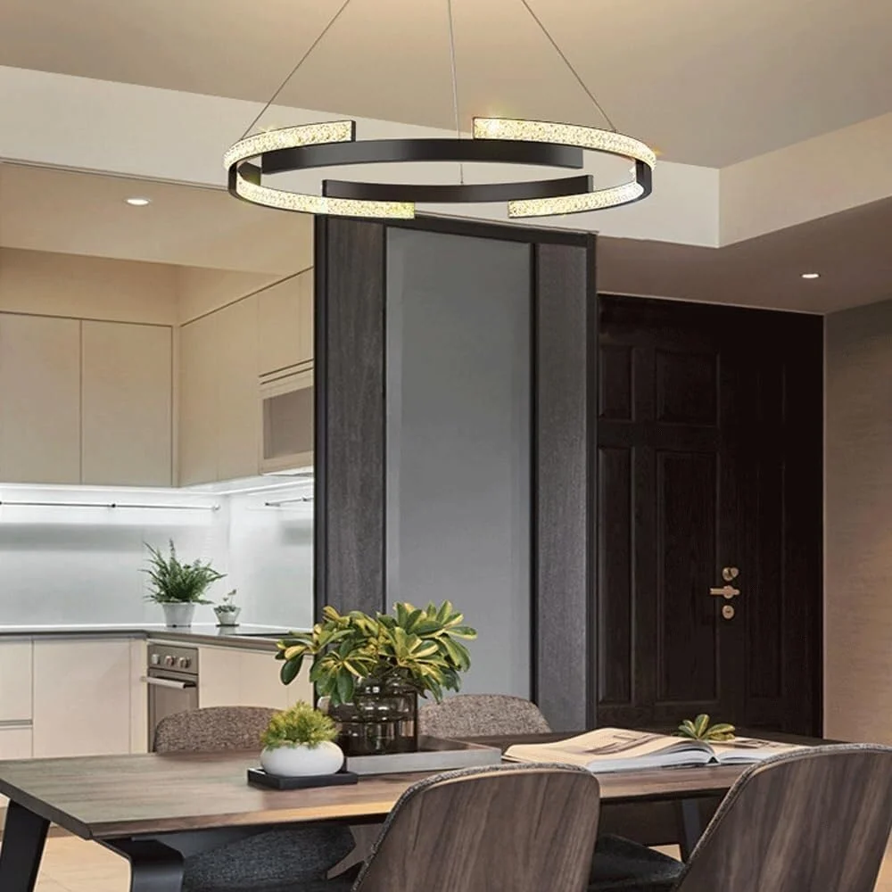 لوستر حلقه‌ای 50 سانتی‌متری، چراغ آویز LED اتاق ناهارخوری، چراغ سقفی قابل تنظیم اتاق نشیمن و اتاق خواب با کنترل از راه دور، لوستر مشکی با قابلیت تنظیم نور، 3 رنگ