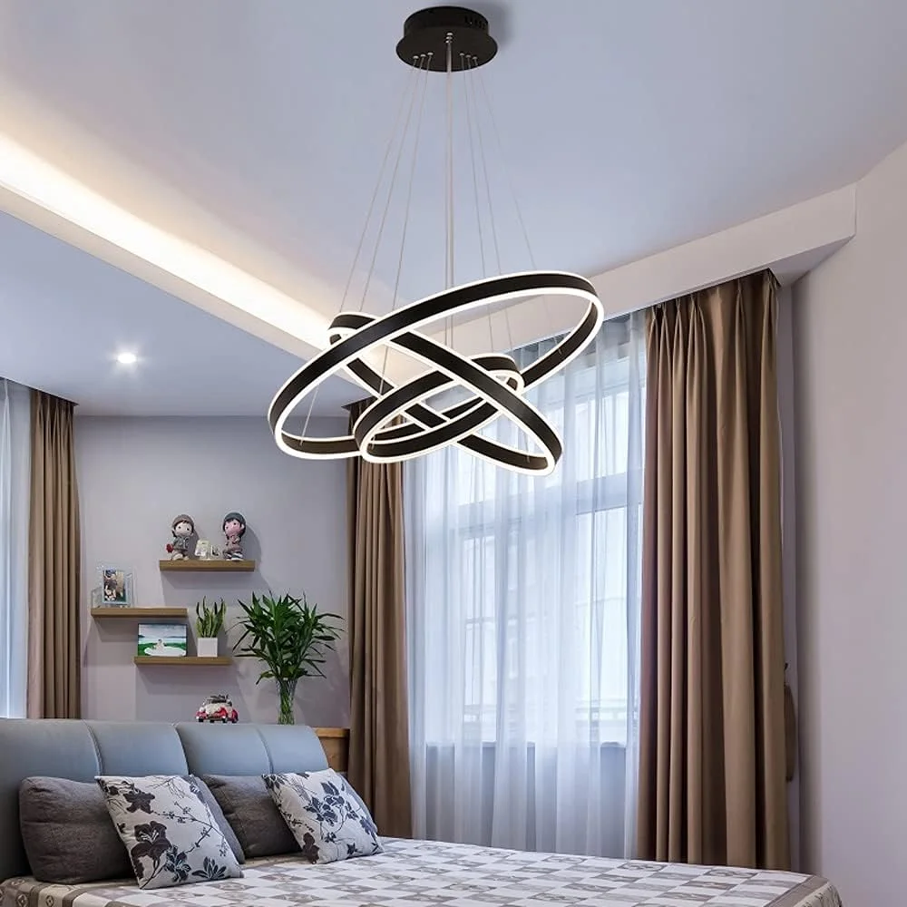 لوستر بزرگ ال ای دی 150 وات مشکی، لوستر دایره ای سه حلقه ای با قابلیت تنظیم نور، 40+60+80 سانتی متر، چراغ آویز توکار اتاق نشیمن