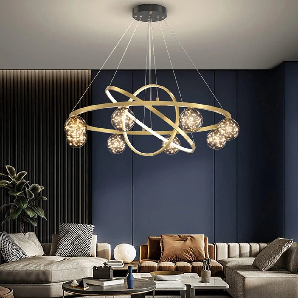 لوستر ال ای دی مدرن، مجموعه 3 حلقه چراغ آویز رنگ برنجی، توپ شیشه ای کریستالی ژیپسوفیلا، چراغ آویز قابل تنظیم چراغ سقفی معاصر، دیمر پذیر
