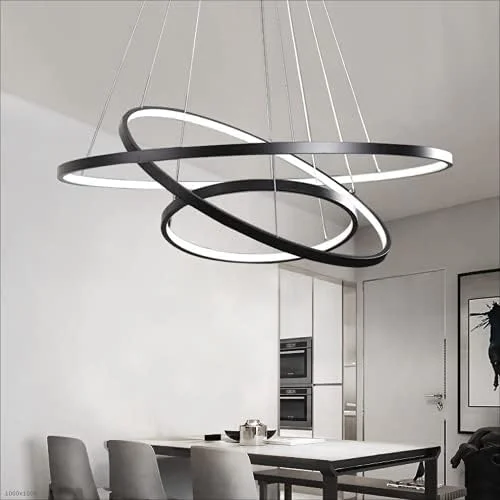 لوستر مدرن LED مشکی، چراغ آویز دیمر پذیر، مناسب برای اتاق ناهارخوری، اتاق نشیمن، چراغ سقفی، دارای 3 حلقه آویز 60+40+20 سانتی‌متری، توان 60 وات