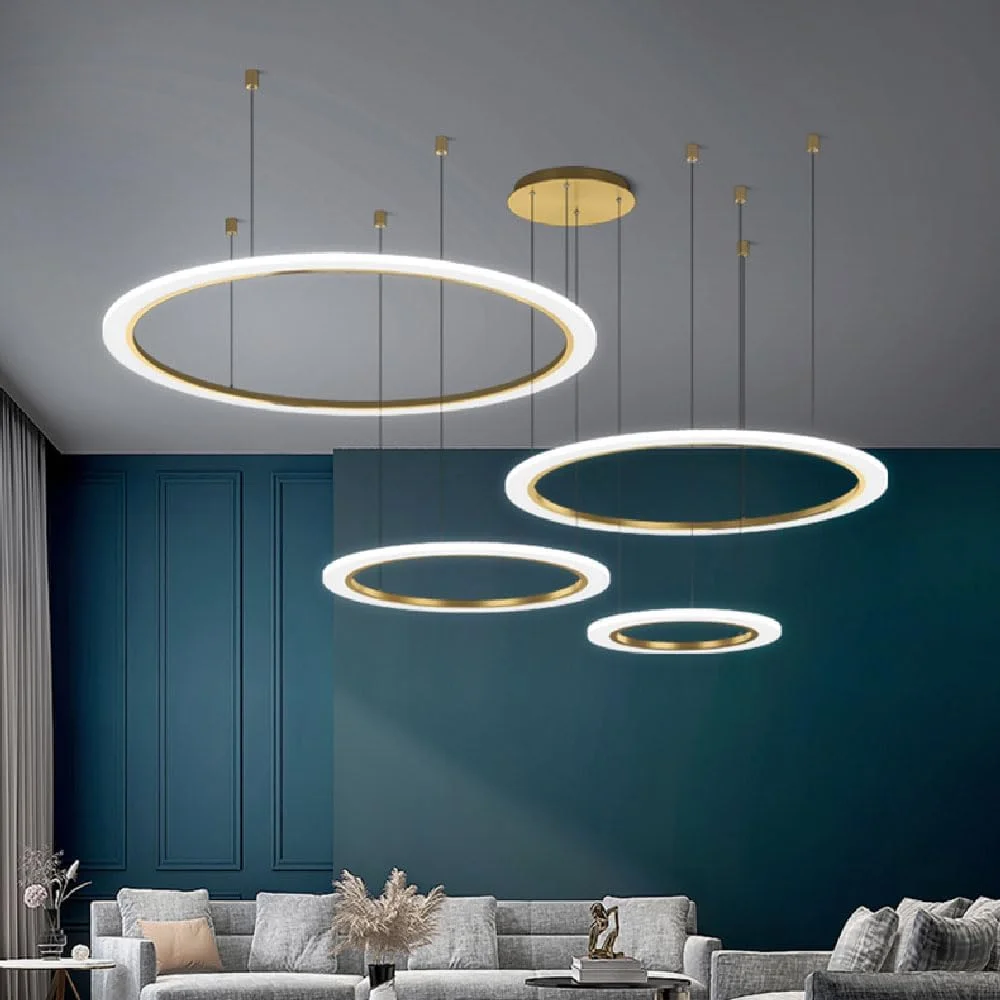 چراغ آویز LED بزرگ 4 حلقه ای به سبک اواسط قرن، لوستر طلایی سقفی با نور سفید گرم 3000K، مدل دایره ای، طرح وینتیج مناسب اتاق نشیمن، رستوران، آشپزخانه و راهرو