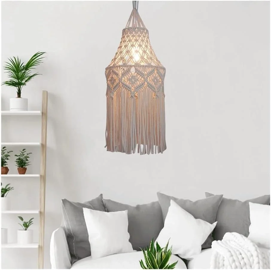 آباژور مکرومه به سبک بوهو، لوستر بافتنی دستباف، چراغ آویز دکور خانه، چراغ آویز سقفی E27 تک لامپ، لوستر
