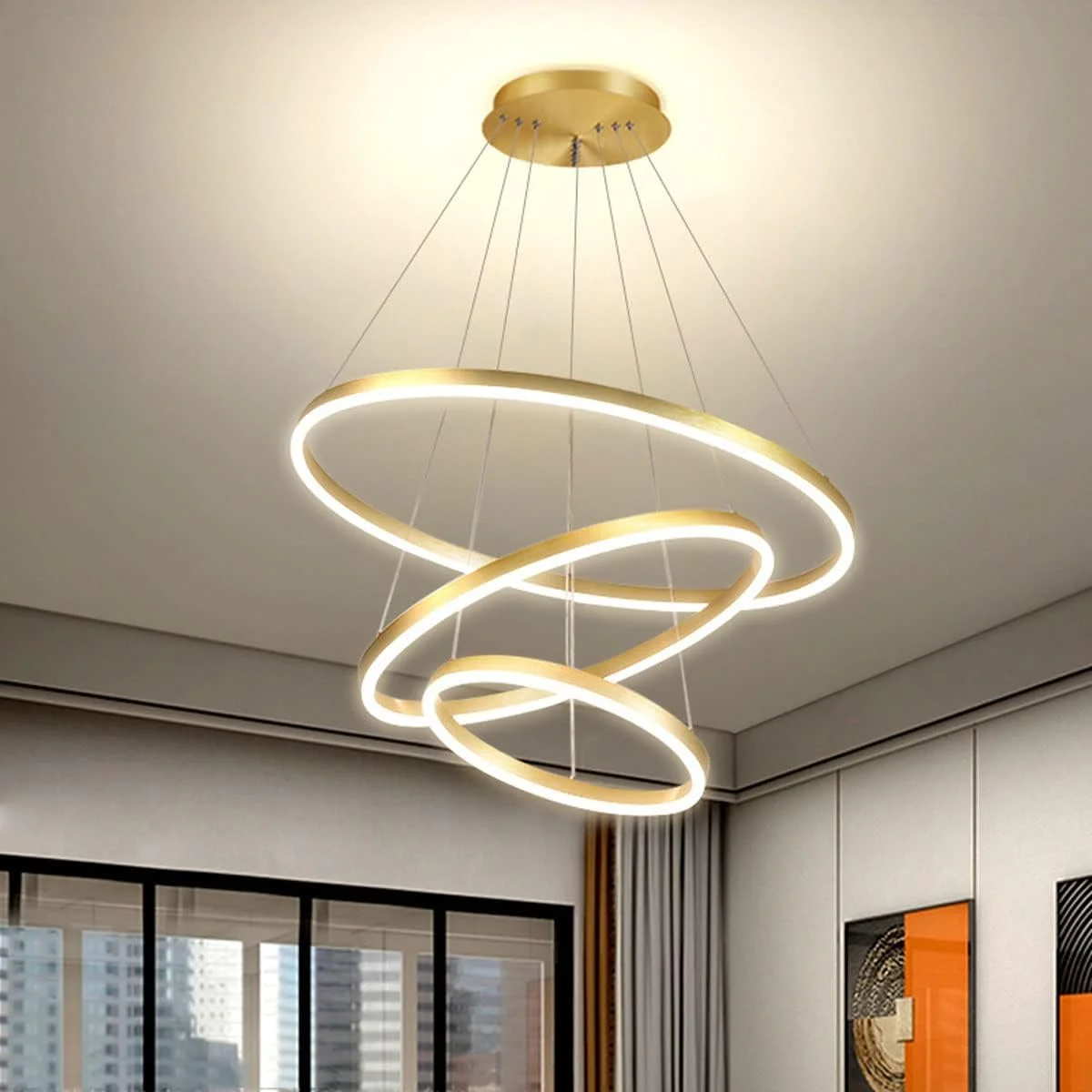 لوستر آویز ال ای دی 3 حلقه ای طلایی 62 وات، آلومینیومی، نور طبیعی، با قابلیت تنظیم رنگ نور و ارتفاع، مناسب برای اتاق نشیمن و غذاخوری