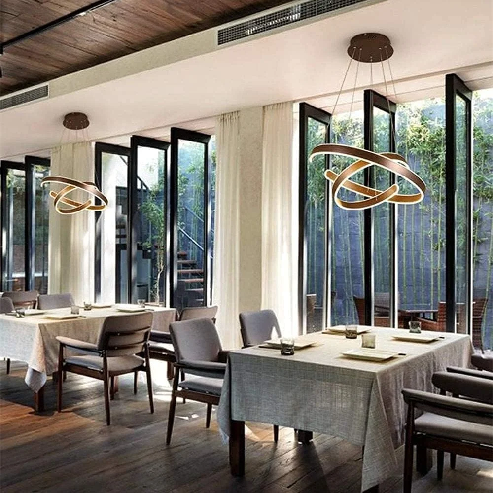 لوستر ال ای دی 125 وات با قابلیت تنظیم نور و کنترل از راه دور، لوستر مدرن 2 حلقه ای ال ای دی مناسب برای ناهارخوری، چراغ آویز سقفی با قابلیت تنظیم ارتفاع