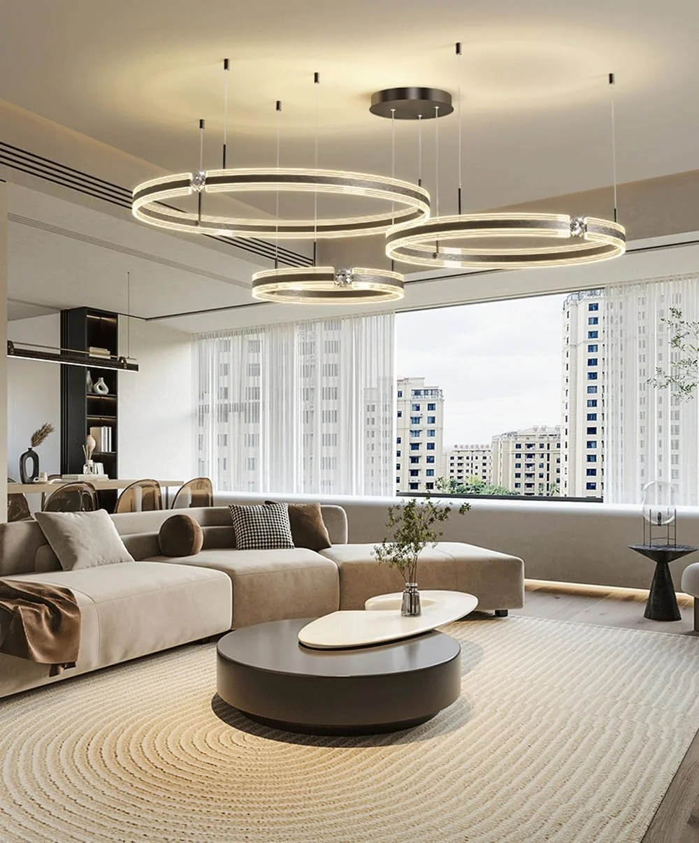 لوسترهای ال ای دی، لوستر کریستالی مدرن اواسط قرن، چراغ آویز 3 حلقه ای اتاق نشیمن، میز ناهار خوری، اتاق خواب، لوستر دایره ای یکپارچهسازی با سیستمعامل هتل، لوستر مشکی دیمر دار برای سرسرا